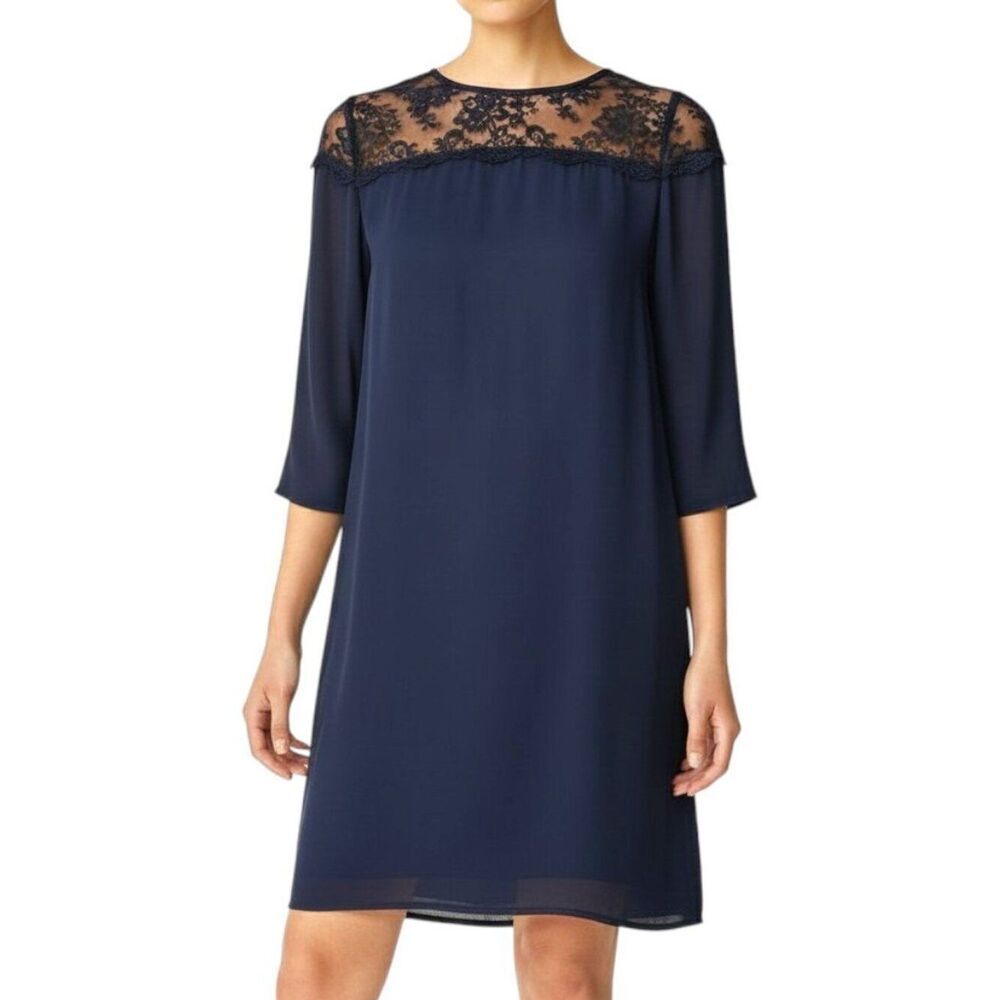 Zara Basic Navy Lace Yoke Shift Dress S 3/4 Sleeve Keyhole Back Wedding Guest